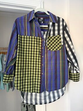 Maeve Patchwork Plaid Button-Up Shirt - Green & Purple